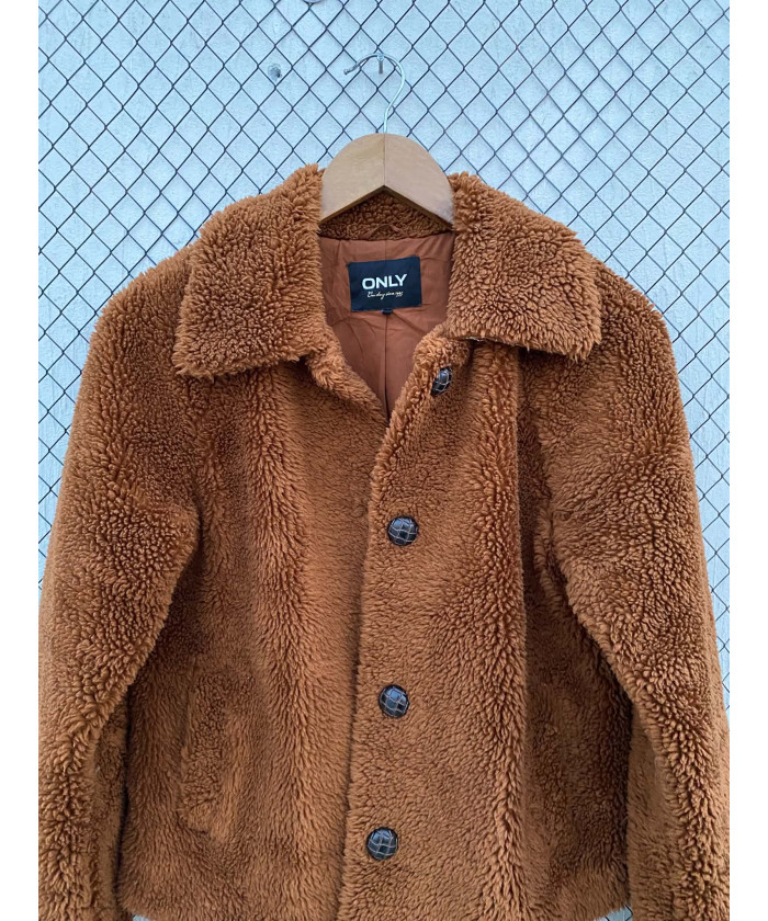 Rust brown-colored, teddy, button-up jacket