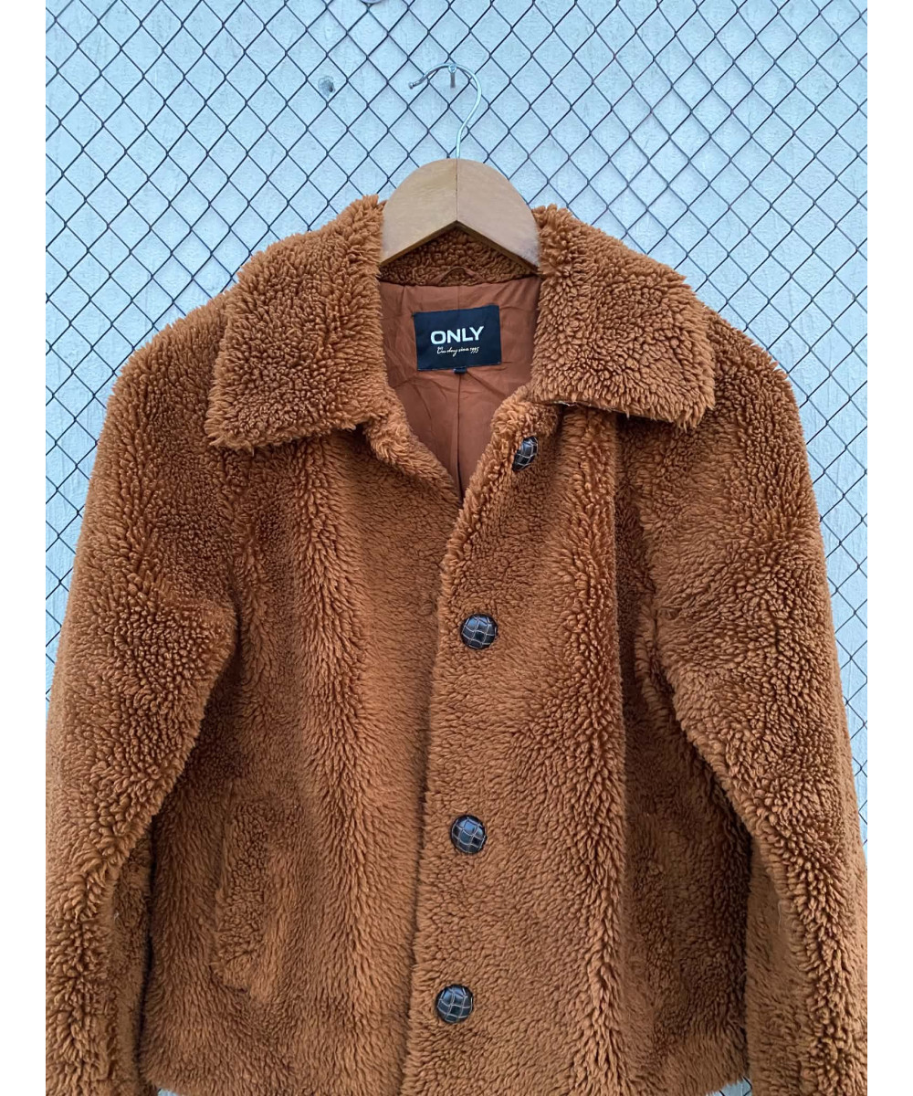 Rust brown-colored, teddy, button-up jacket