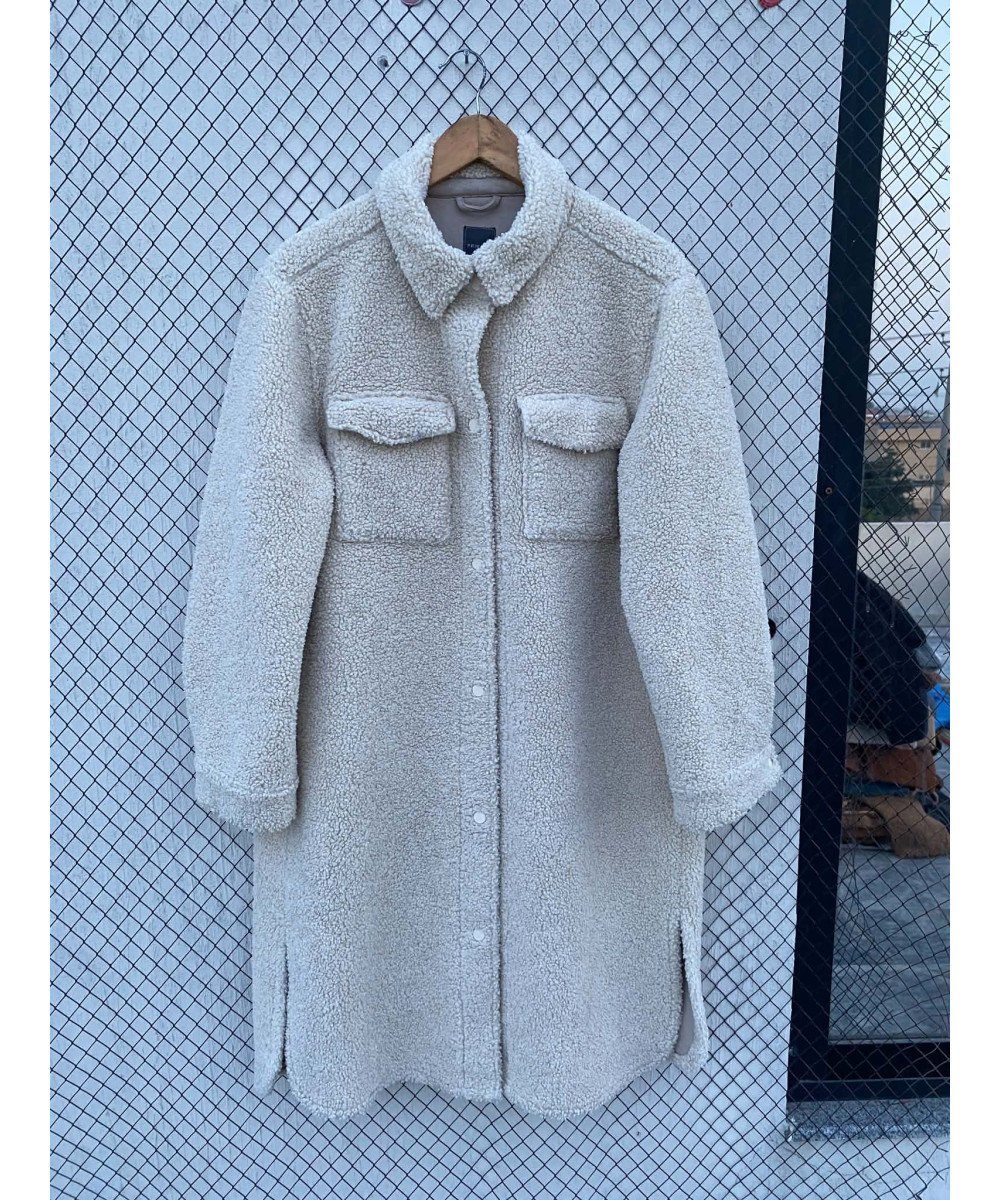 Cream-colored, long, teddy coat