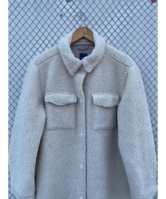 Cream-colored, long, teddy coat