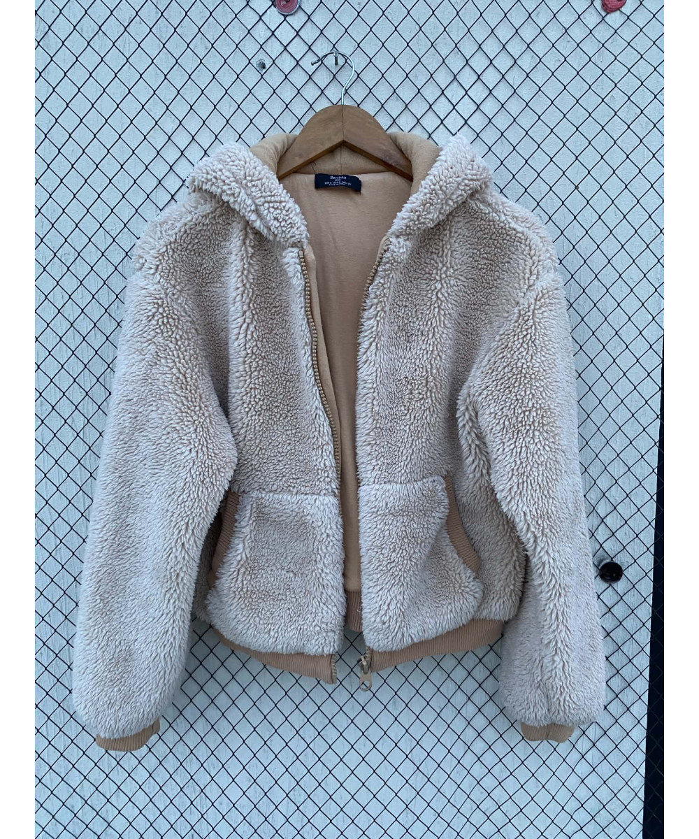 Light peach-colored, teddy, hooded, zipper jacket