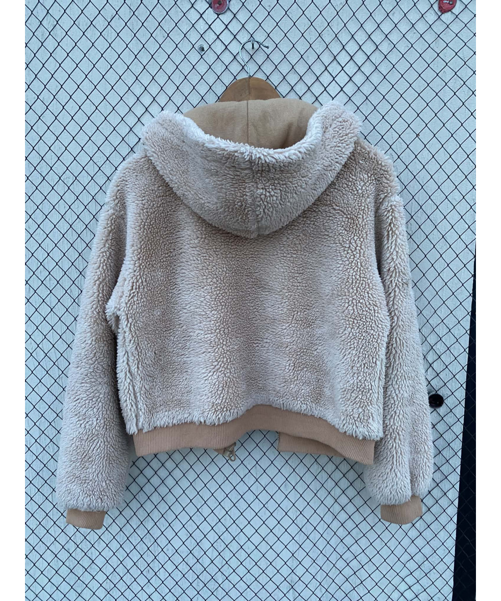 Light peach-colored, teddy, hooded, zipper jacket