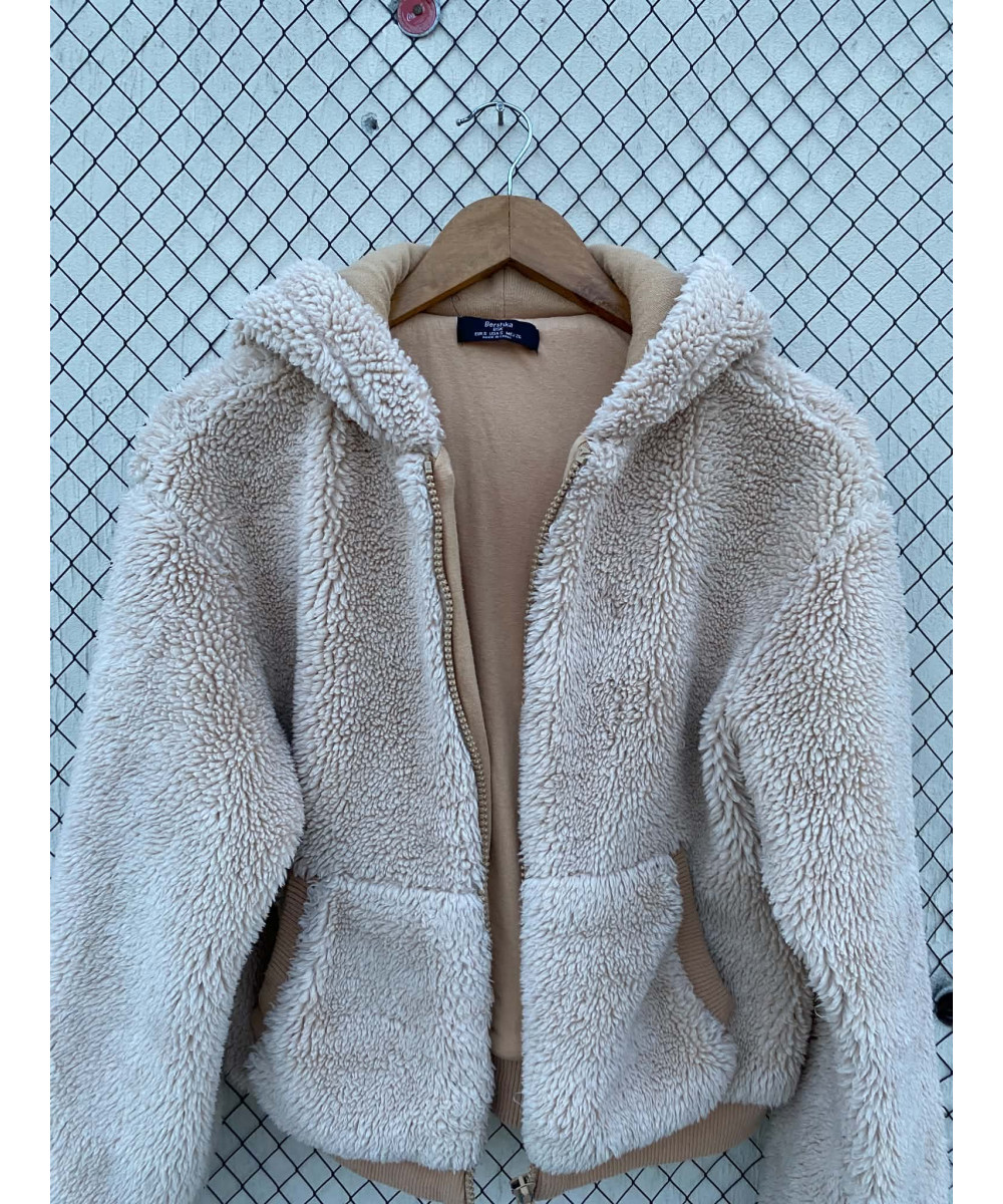 Light peach-colored, teddy, hooded, zipper jacket