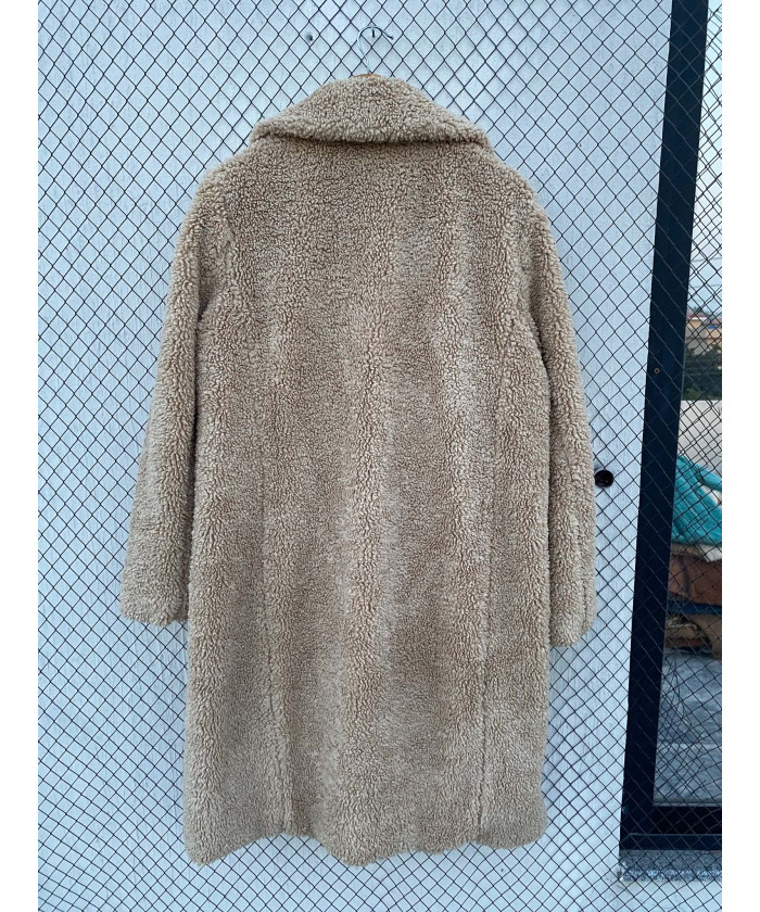 Camel-colored, long, teddy coat