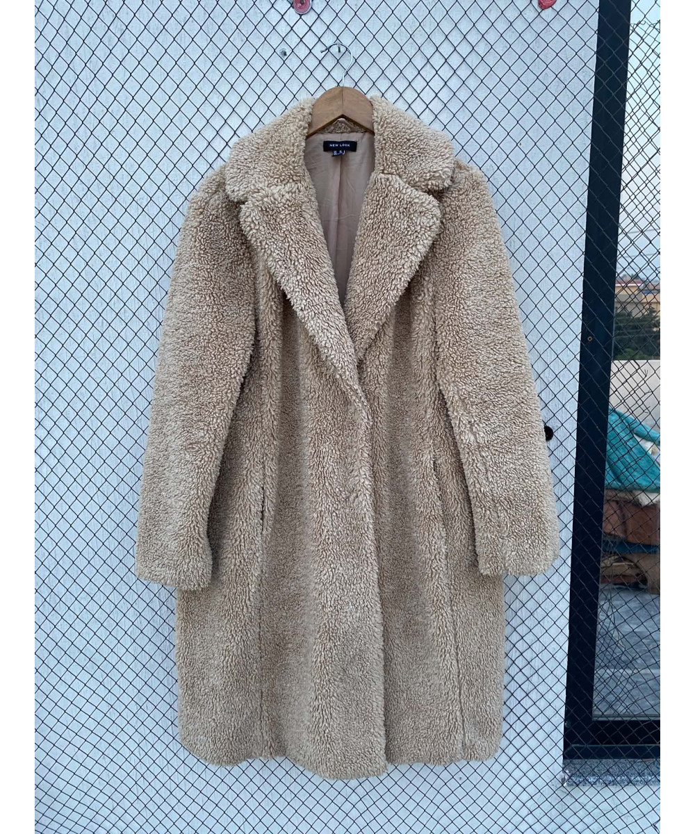 Camel-colored, long, teddy coat