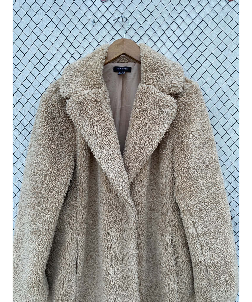 Camel-colored, long, teddy coat