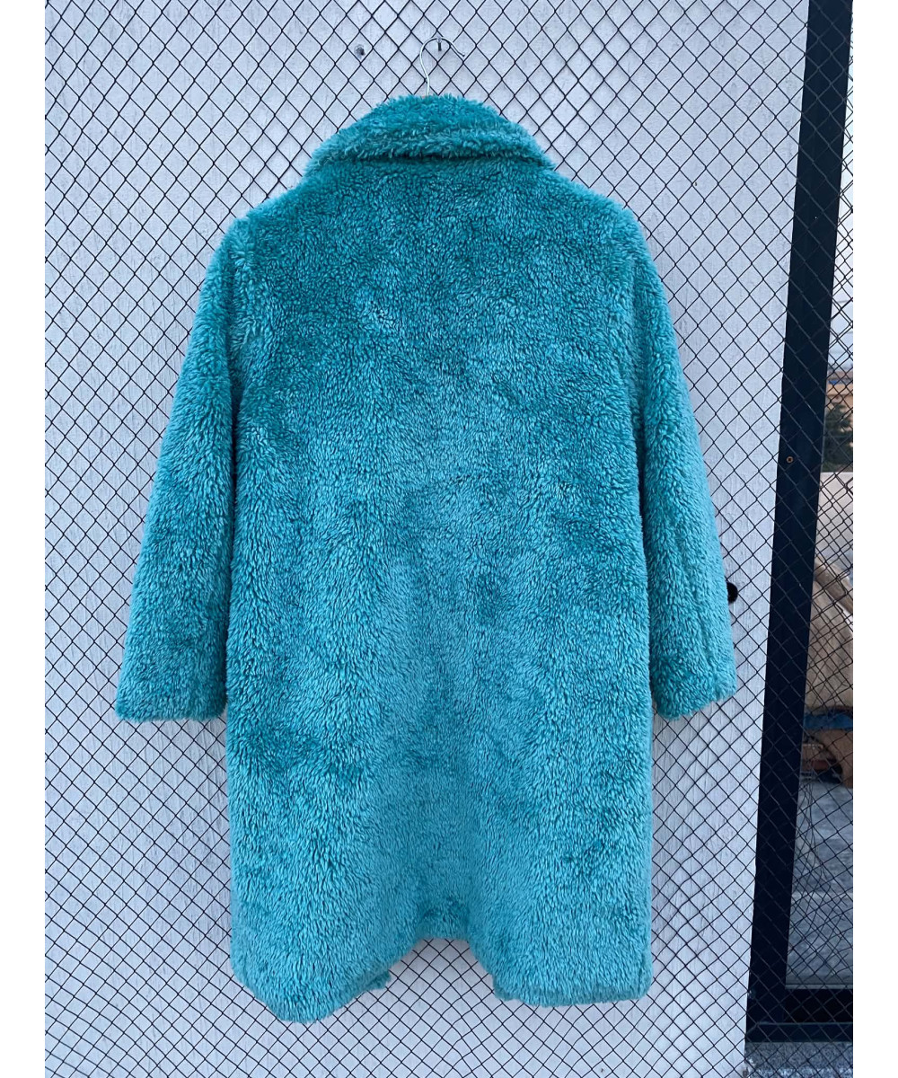 Sea green-colored, long, teddy coat