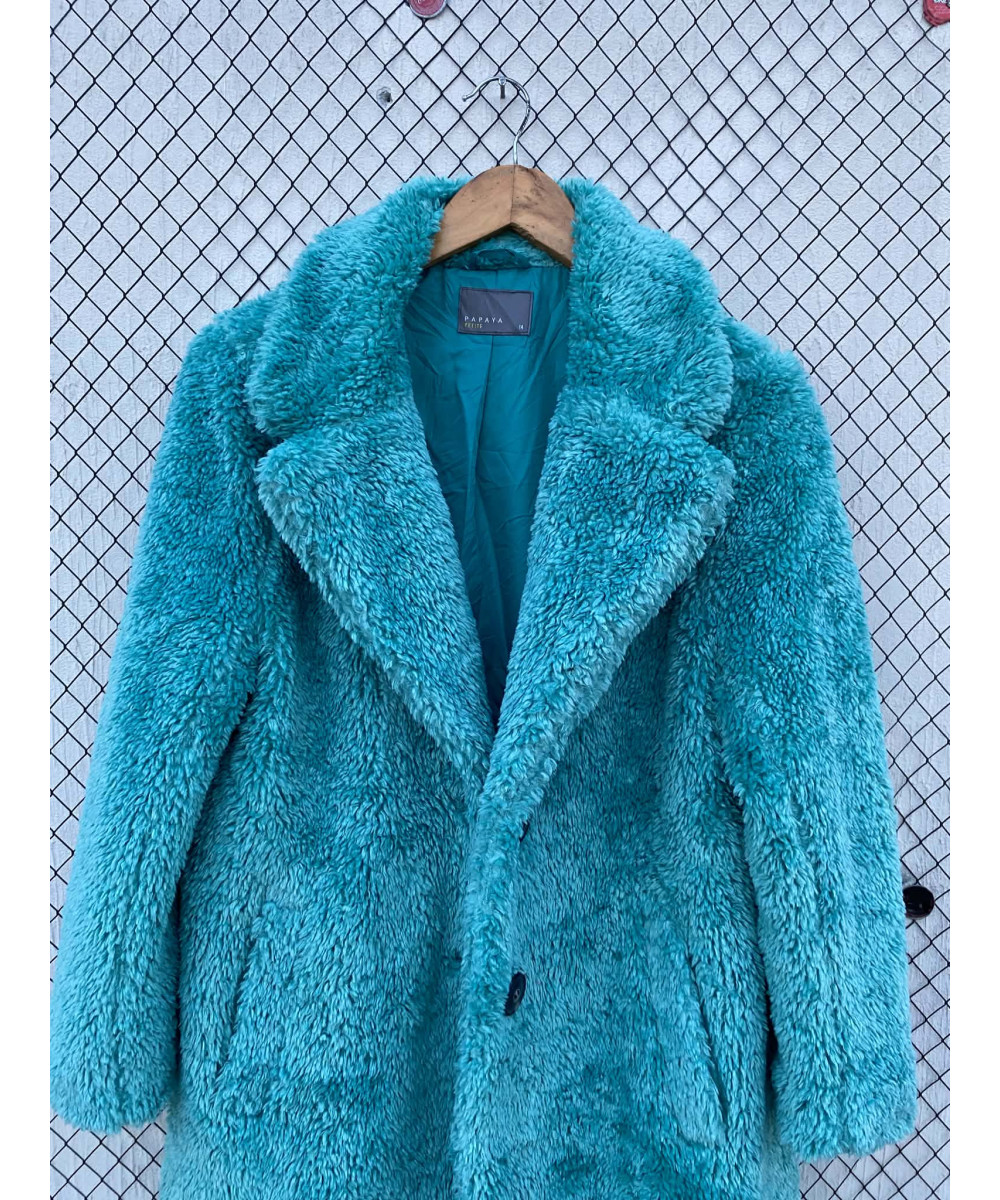 Sea green-colored, long, teddy coat