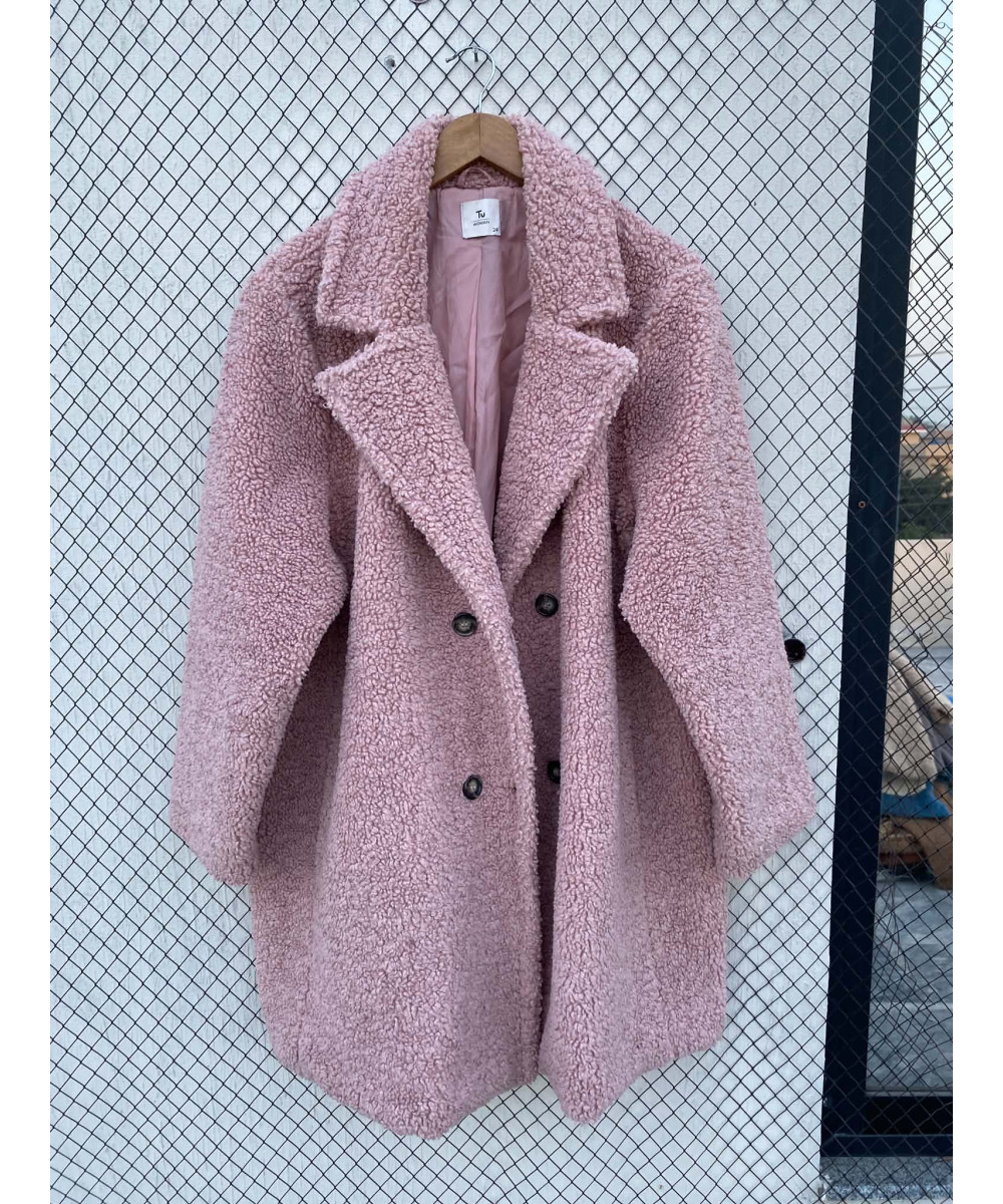 Pink, long, teddy coat