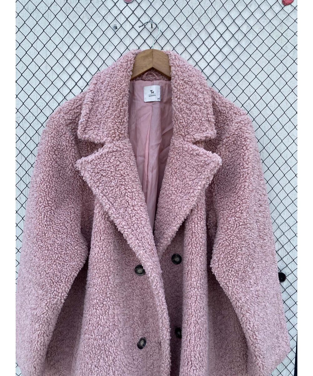 Pink, long, teddy coat
