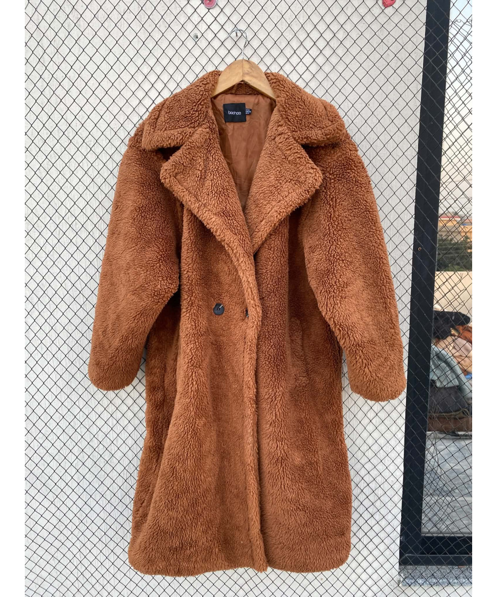 Rust brown-colored, long, teddy coat