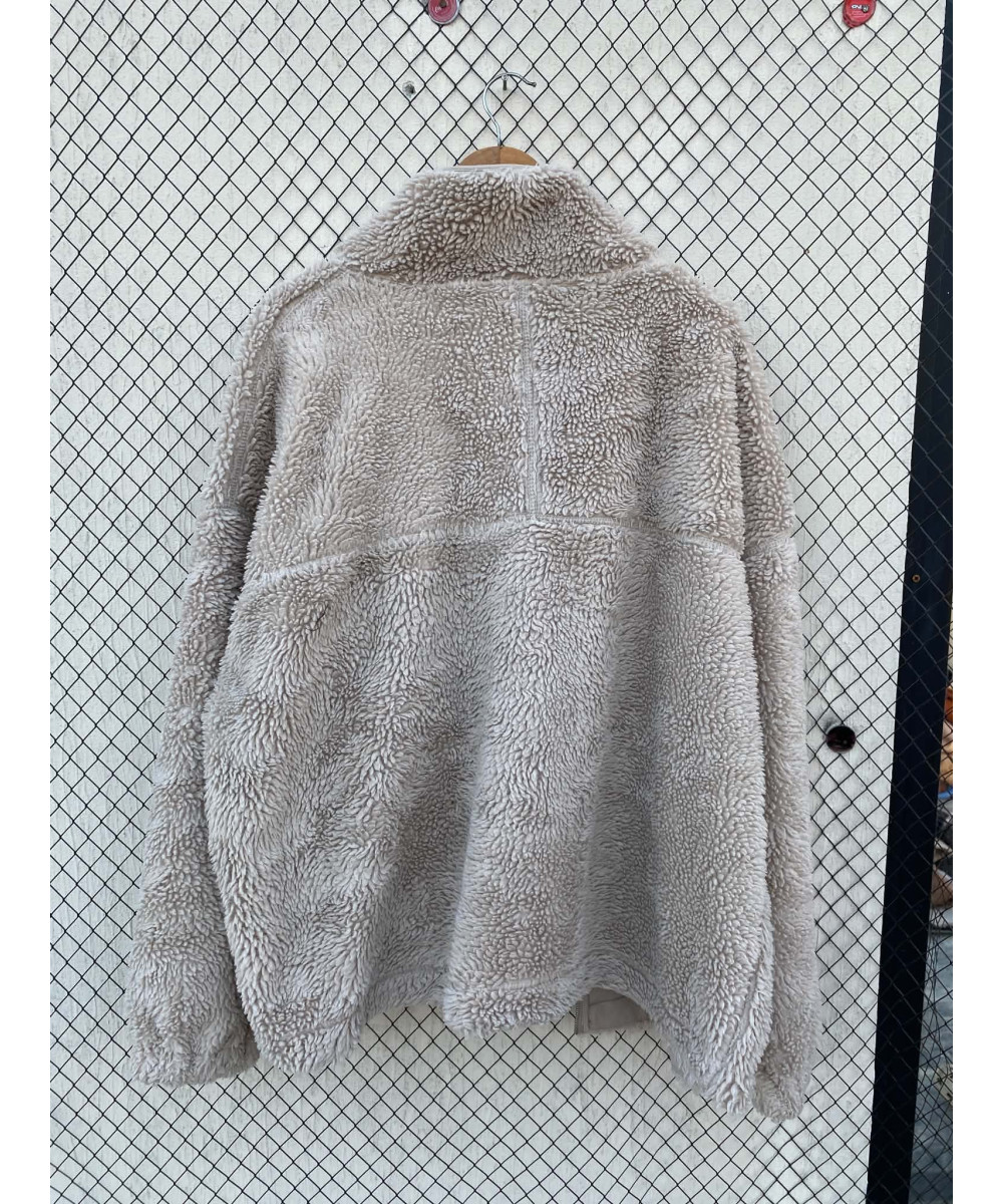 Ash white-colored, teddy, oversized, zipper jacket