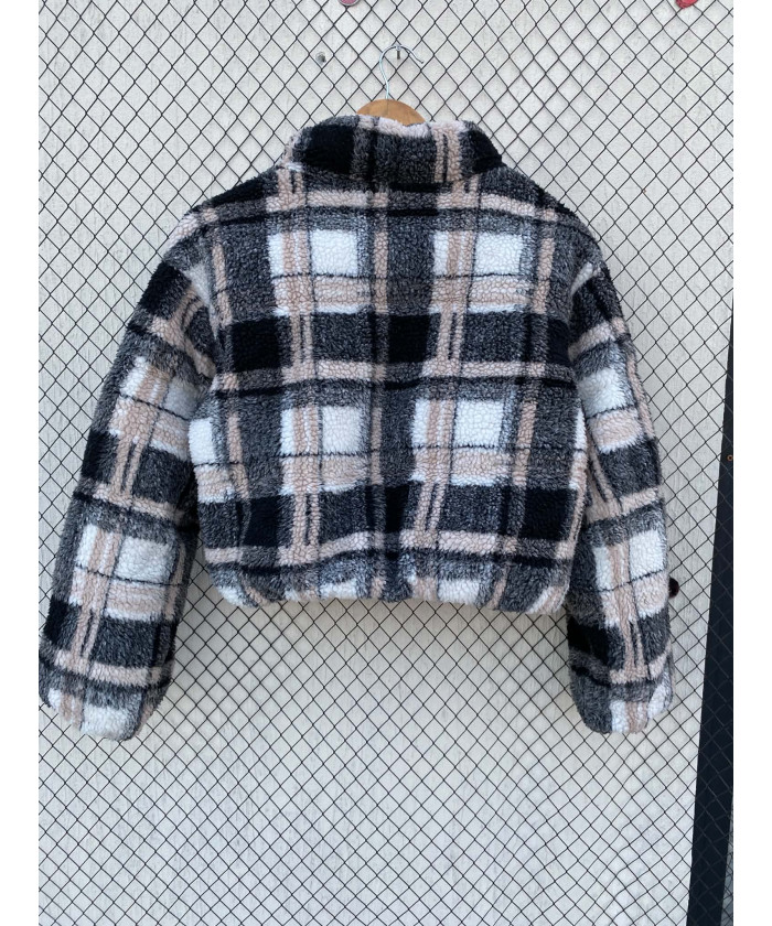 Checkered, crop, teddy jacket