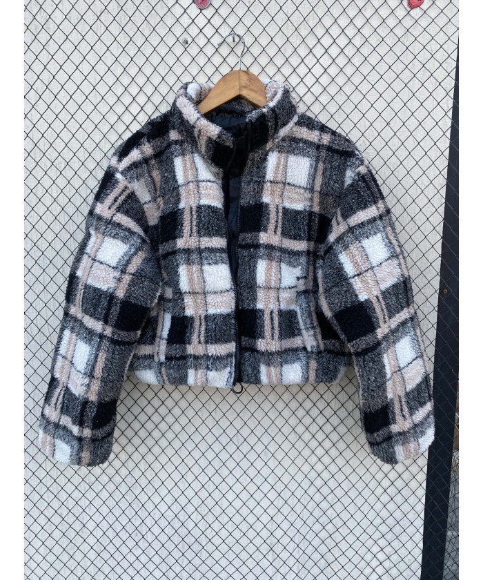 Checkered, crop, teddy jacket