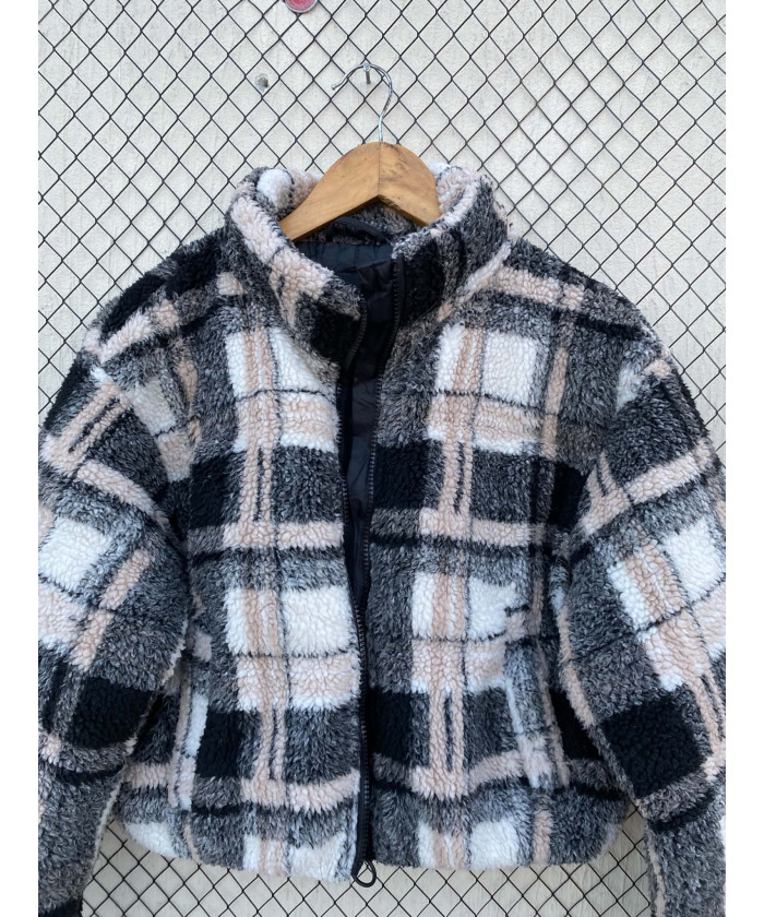 Checkered, crop, teddy jacket