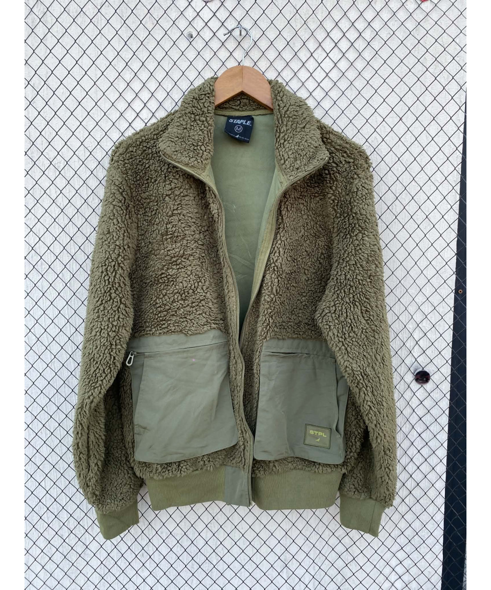 Green, teddy, oversized, zipper jacket