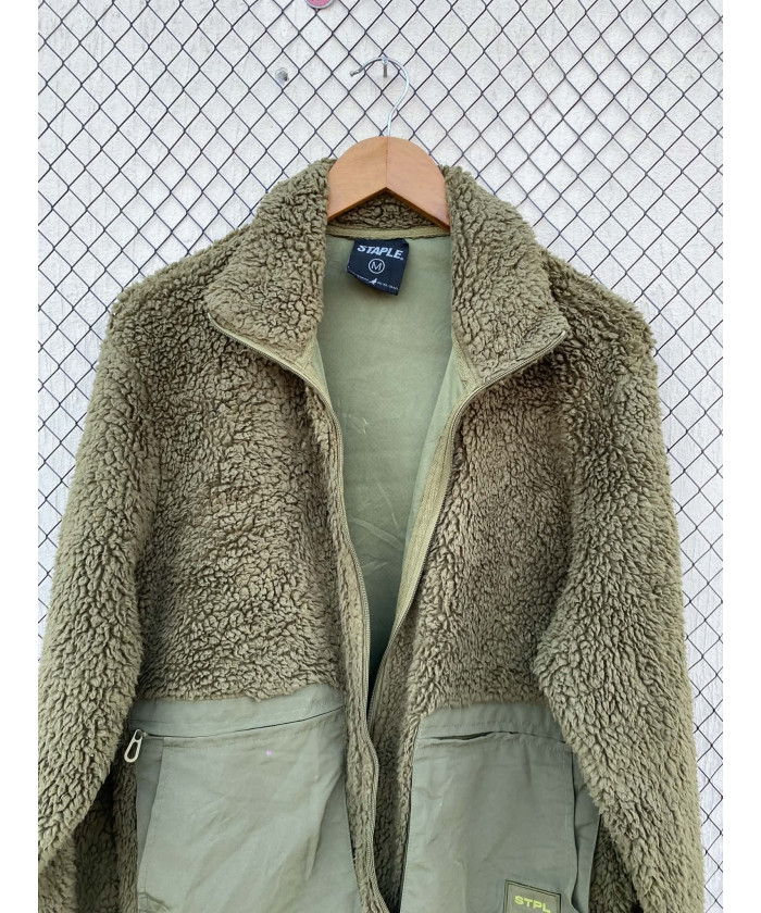 Green, teddy, oversized, zipper jacket