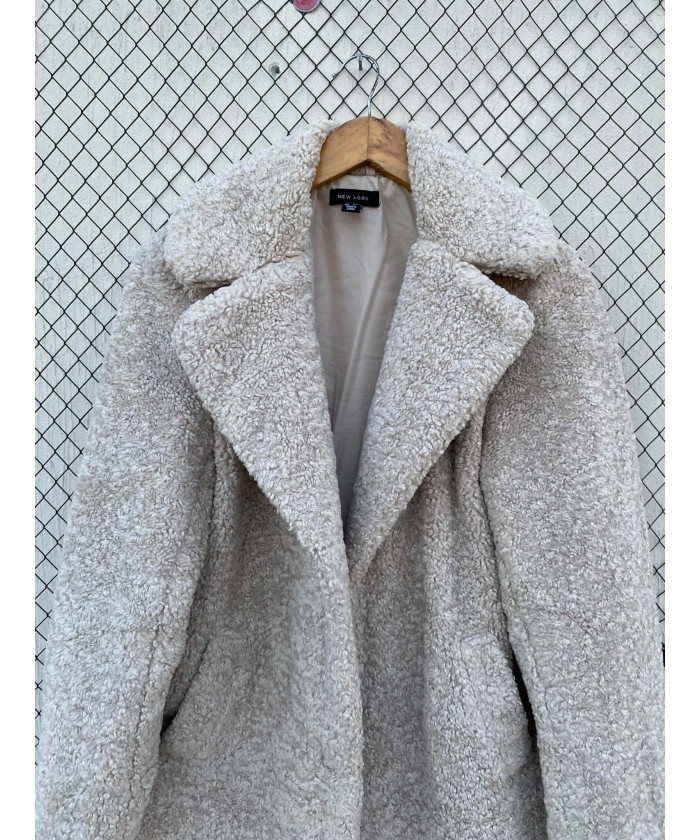 Off-white colored, long, teddy coat
