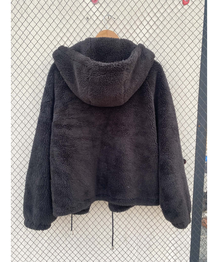 Black, teddy, hooded, zipper jacket
