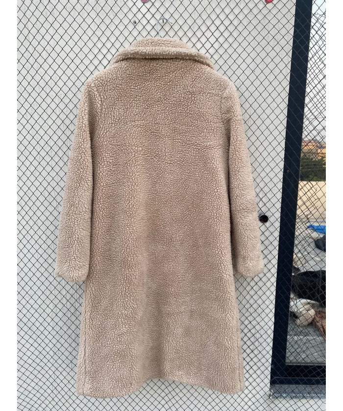 Beige, long, teddy coat