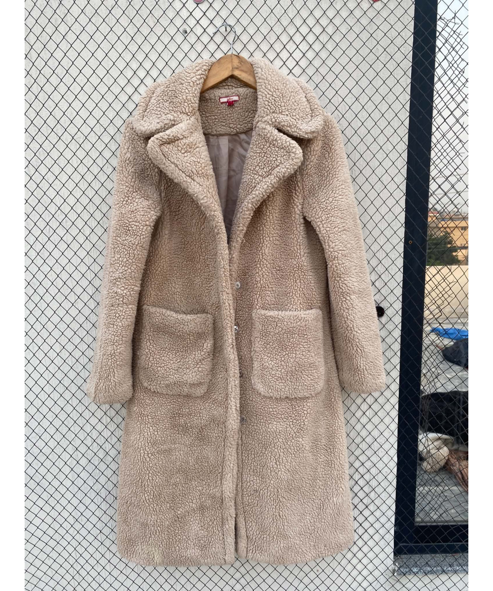 Beige, long, teddy coat