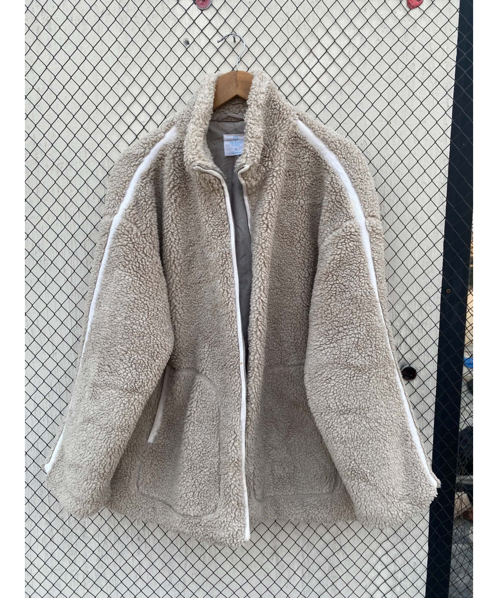 Beige, teddy, oversized, zipper jacket