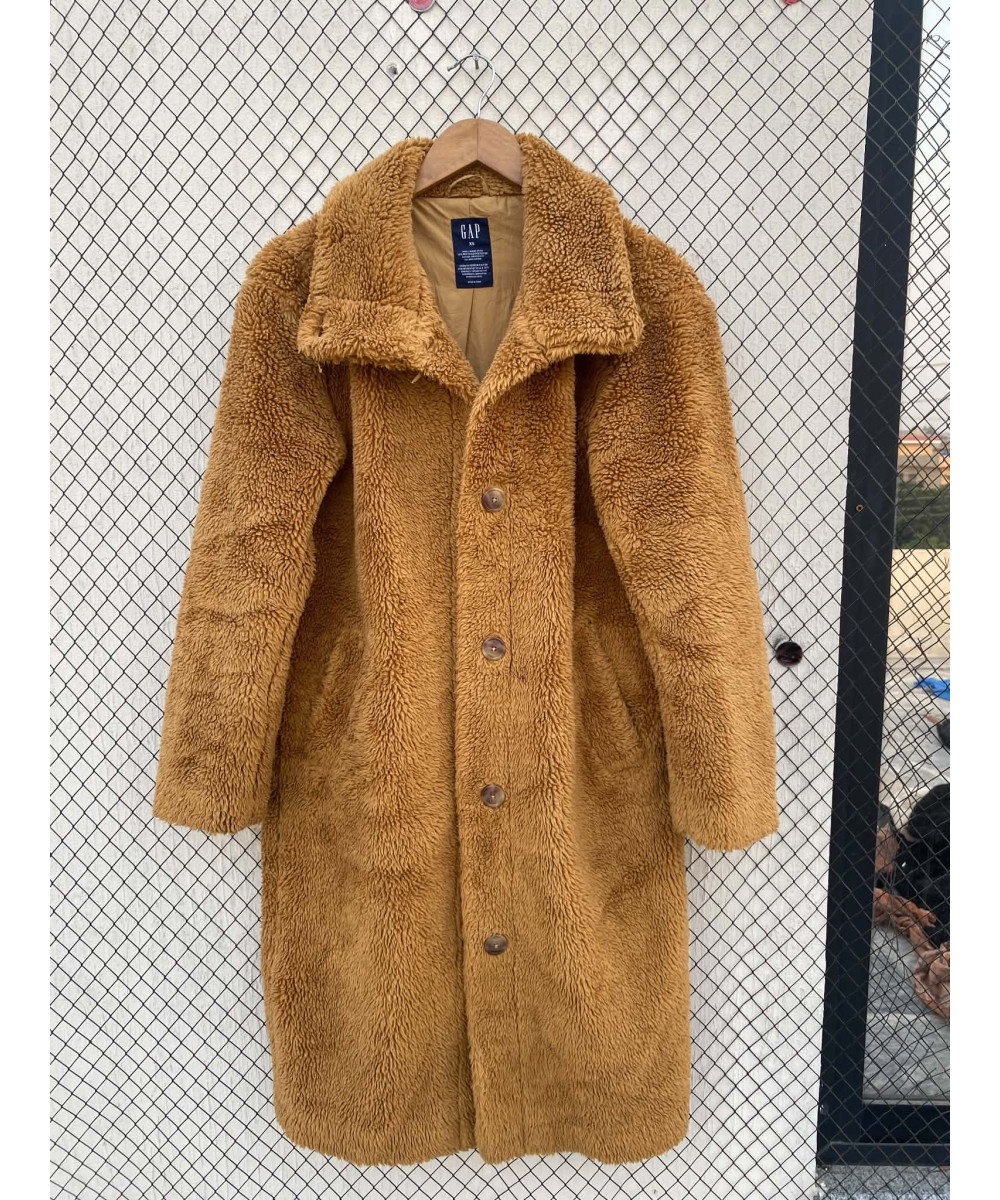 Rust brown-colored, long, teddy, button-up jacket