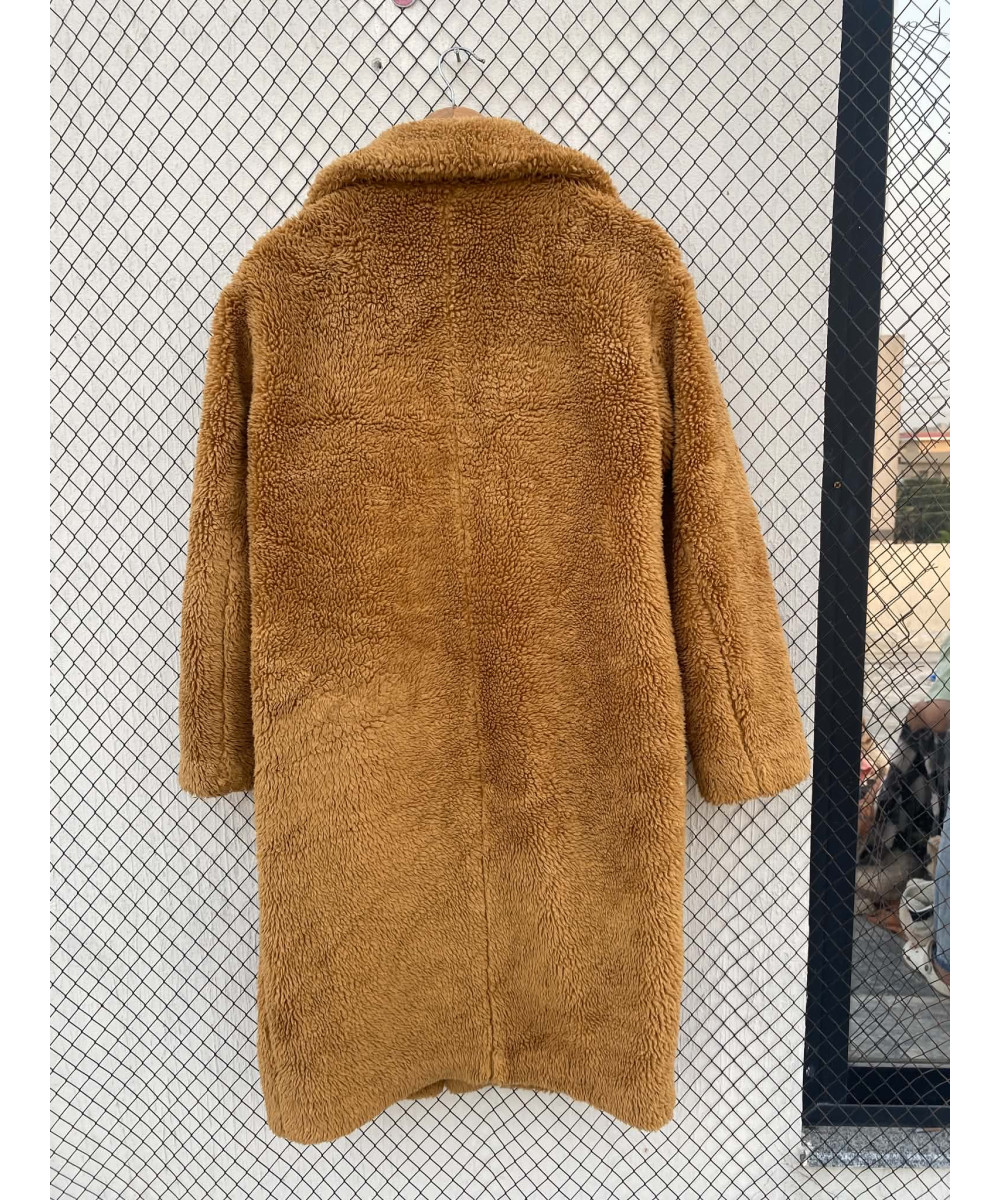 Rust brown-colored, long, teddy, button-up jacket