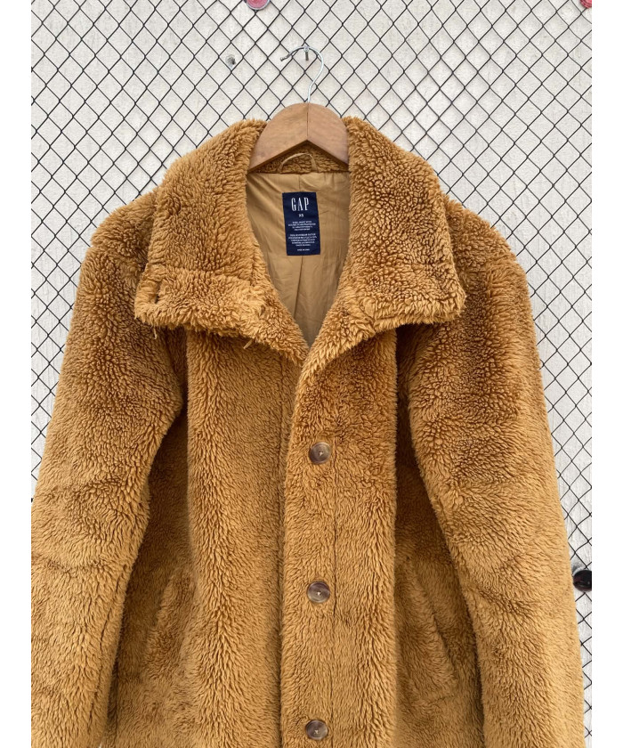 Mustard colored, long, teddy jacket