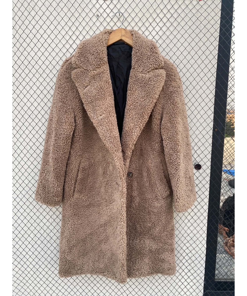 Sand brown-colored, long, teddy coat