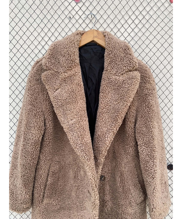 Sand brown-colored, long, teddy coat