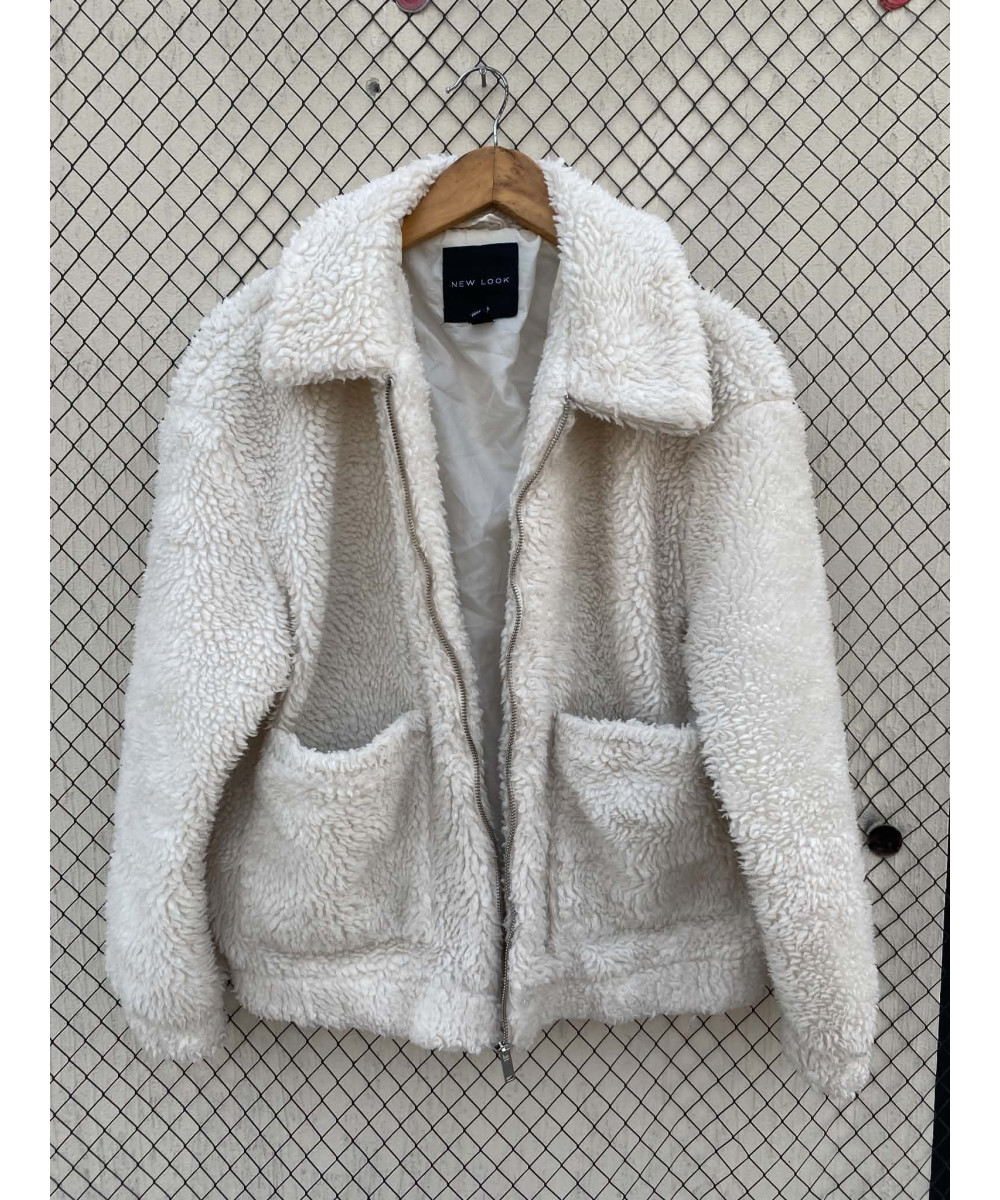 White, teddy, zipper jacket