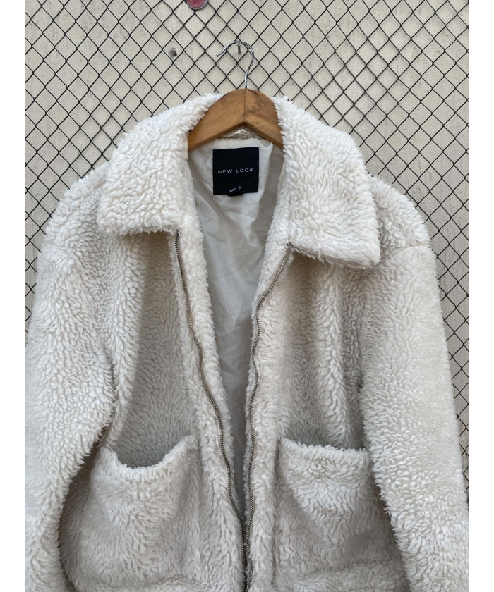 White, teddy, zipper jacket