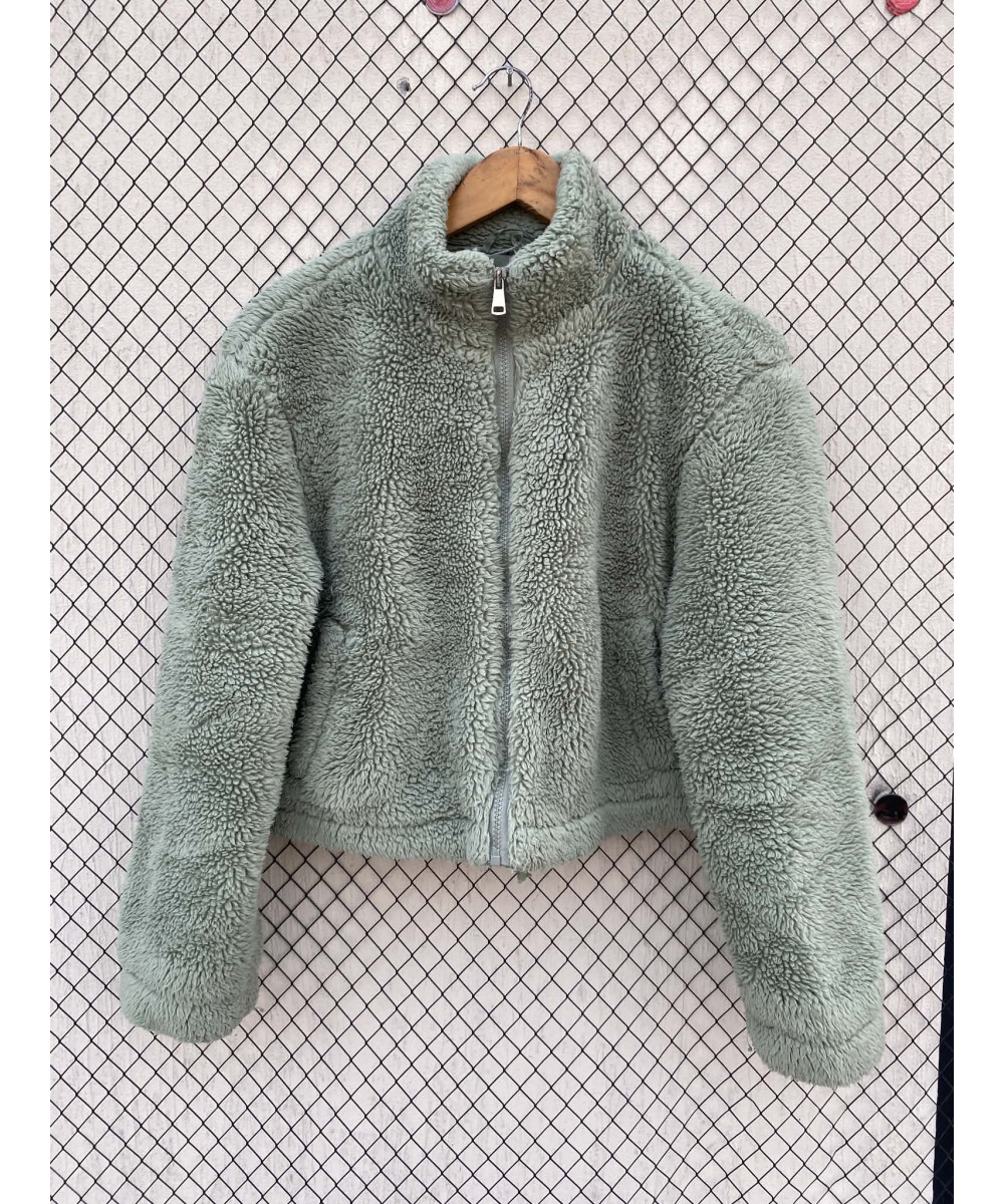 Mint green-colored, crop, teddy, zipper jacket