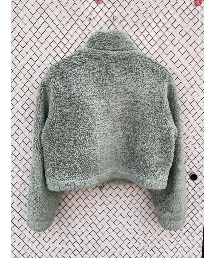 Mint green-colored, crop, teddy, zipper jacket