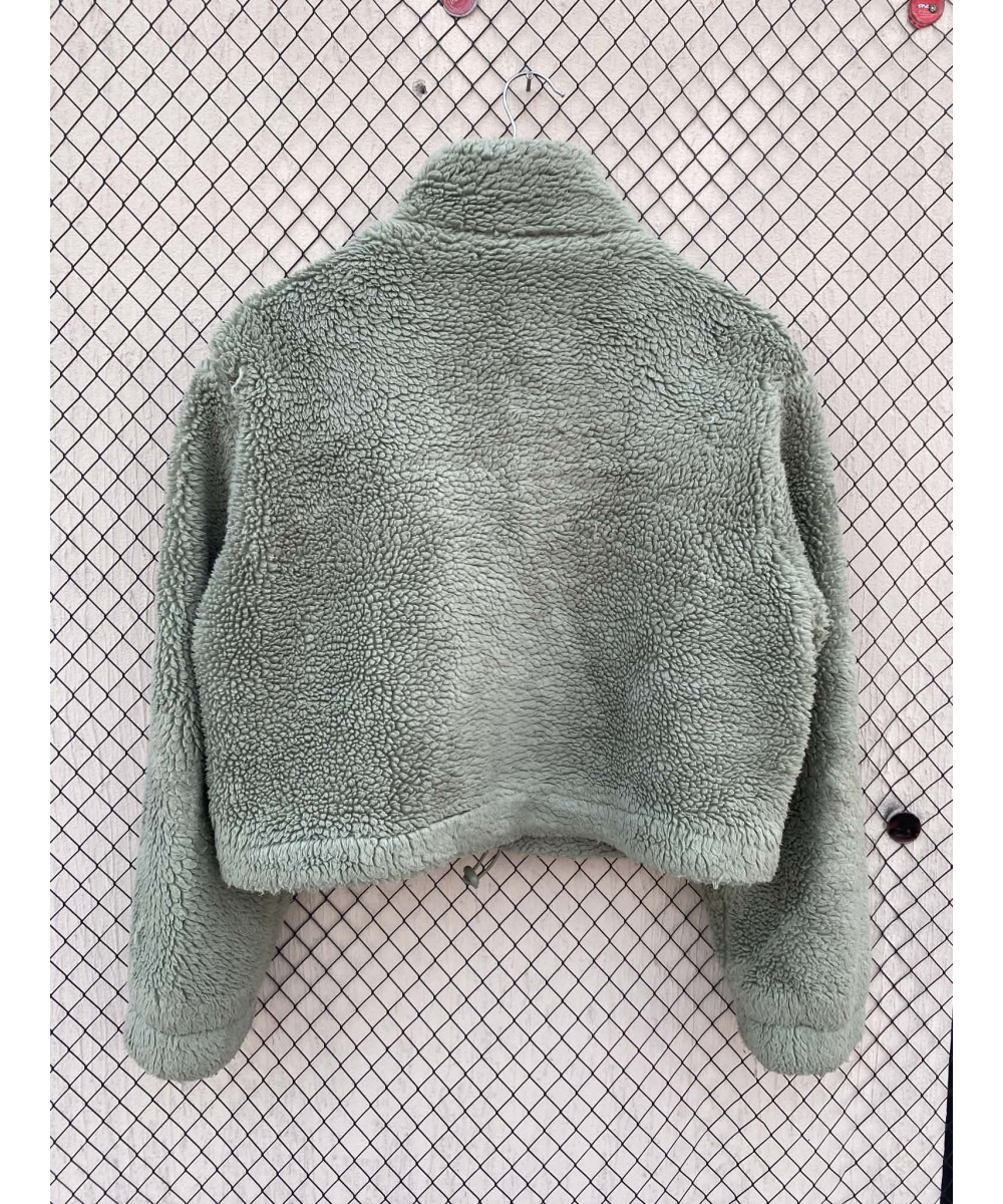 Mint green-colored, crop, teddy, zipper jacket