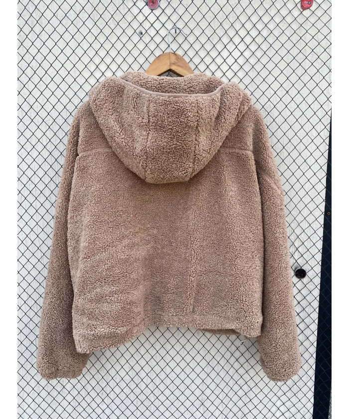 Camel-colored, teddy, zipper, hooded jacket