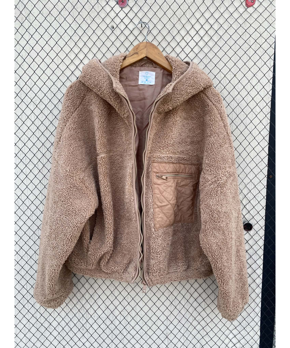 Camel-colored, teddy, zipper, hooded jacket