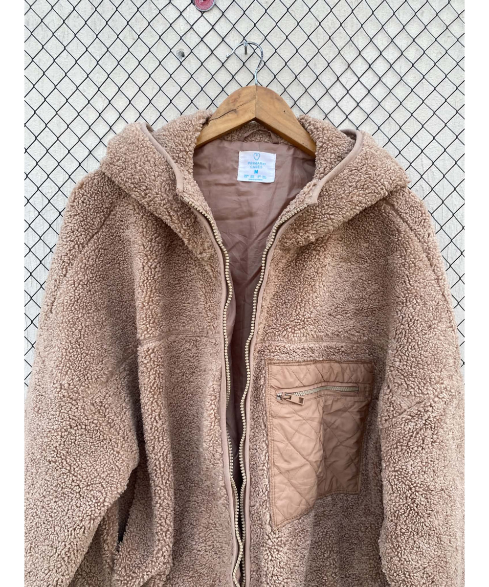 Camel-colored, teddy, zipper, hooded jacket