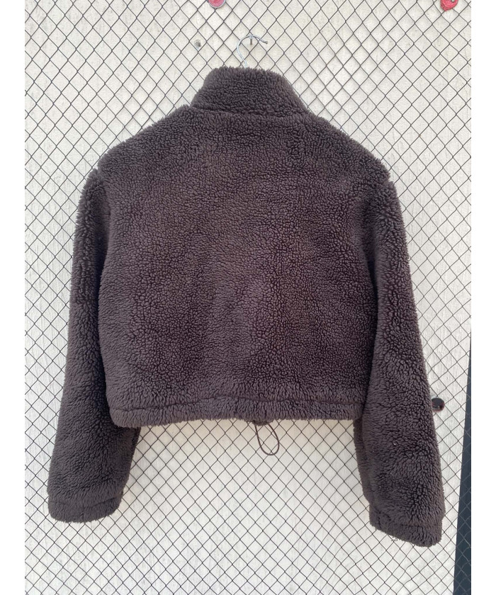 Dark brown, crop, teddy, zipper jacket