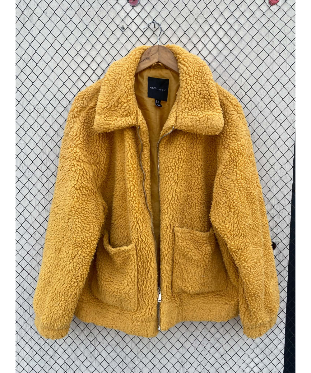 Mustard yellow-colored, teddy, zipper jacket