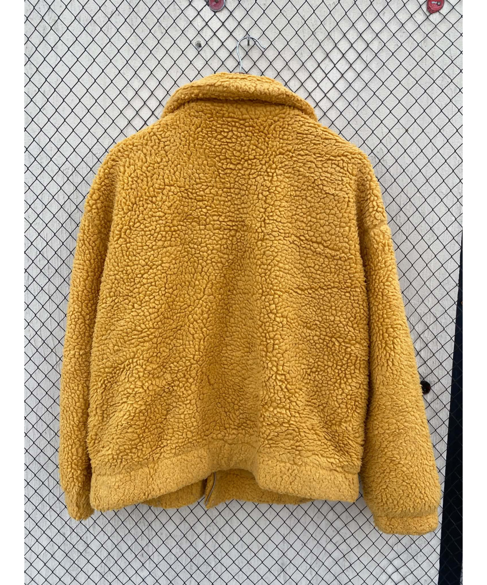 Mustard yellow-colored, teddy, zipper jacket
