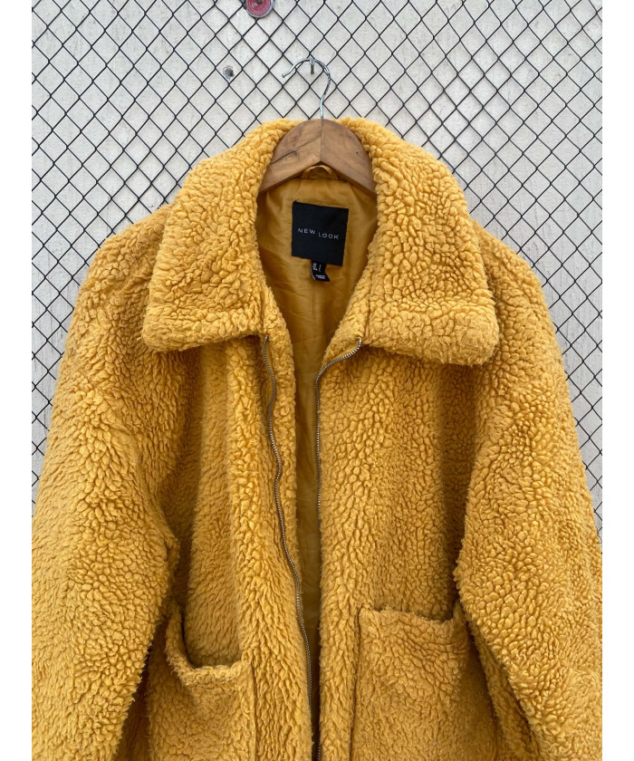 Mustard yellow-colored, teddy, zipper jacket