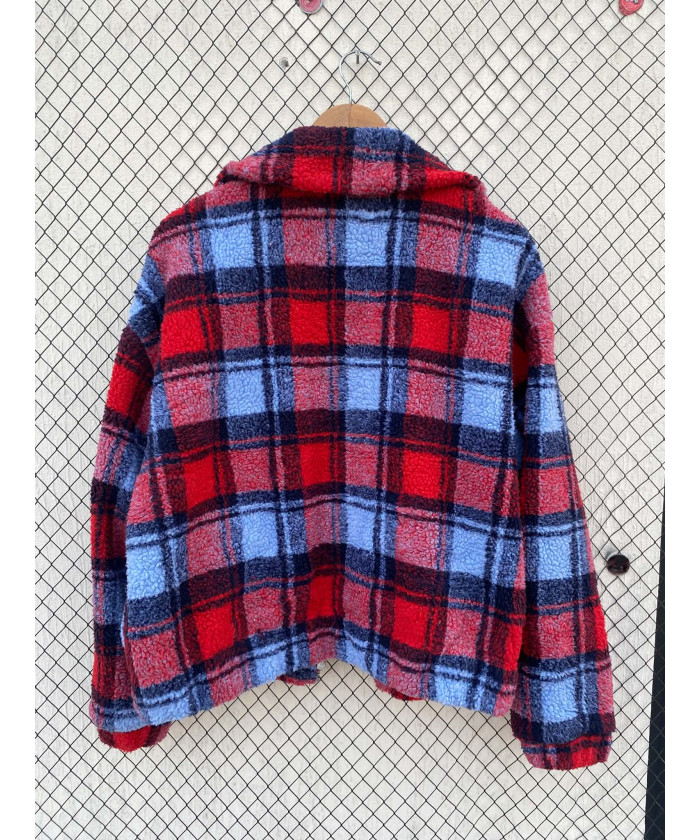 Red, checkered, teddy, zipper jacket