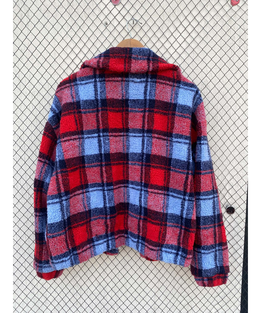Red, checkered, teddy, zipper jacket