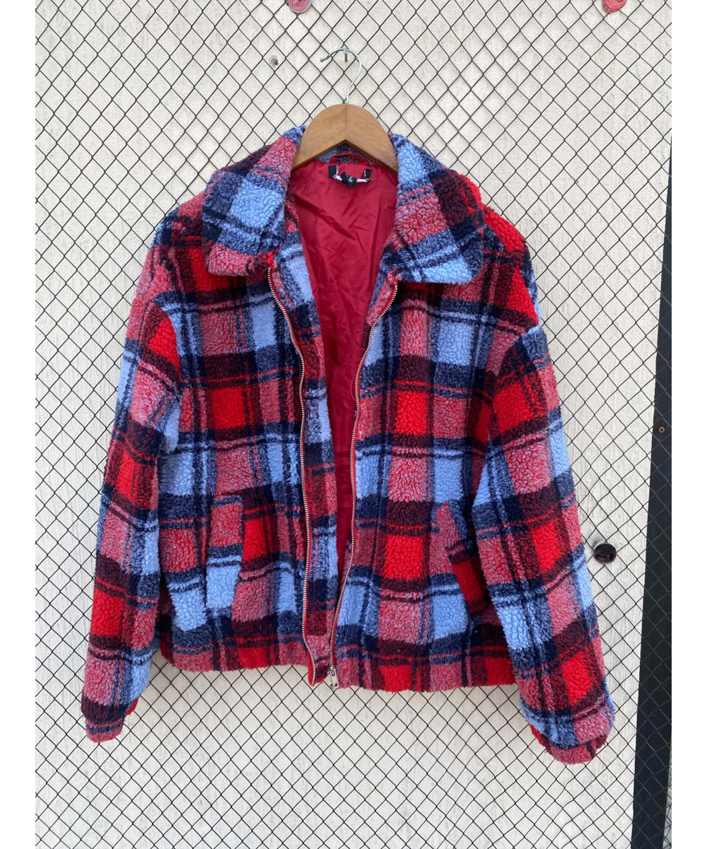 Red, checkered, teddy, zipper jacket