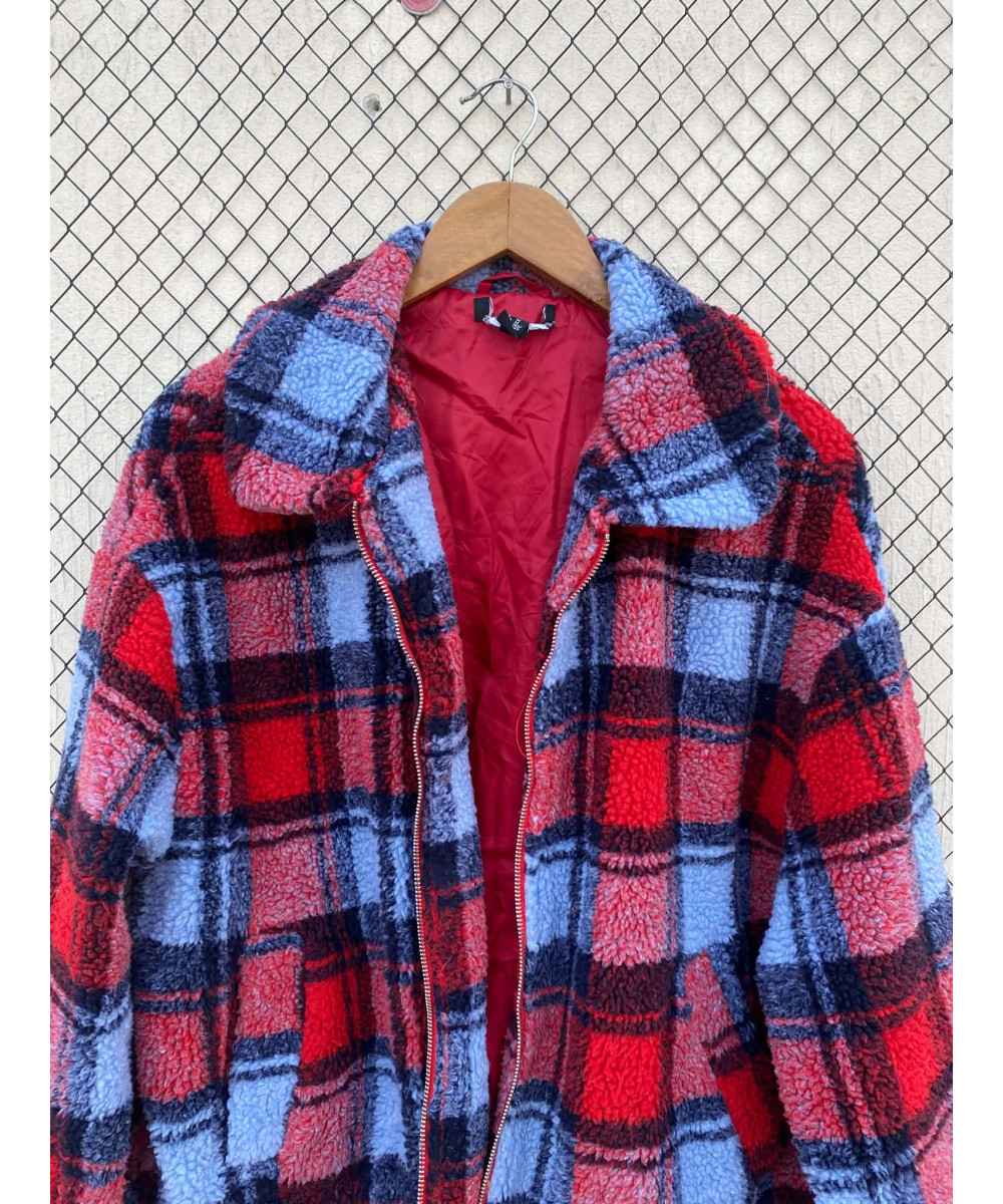 Red, checkered, teddy, zipper jacket