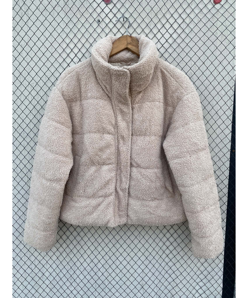 Beige, teddy, crop, puffer, zipper jacket