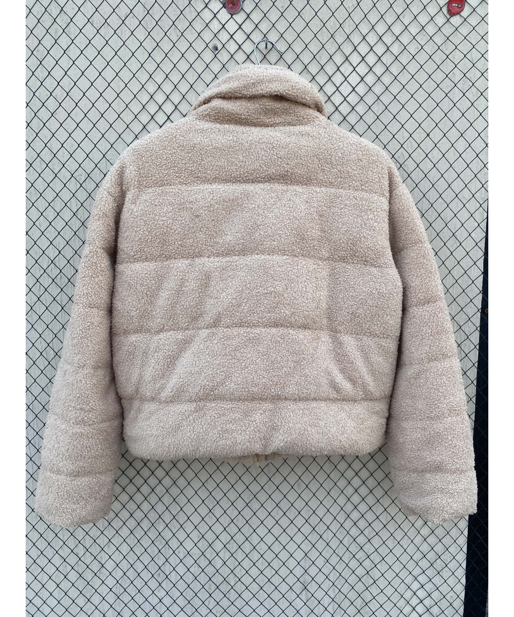 Beige, teddy, crop, puffer, zipper jacket