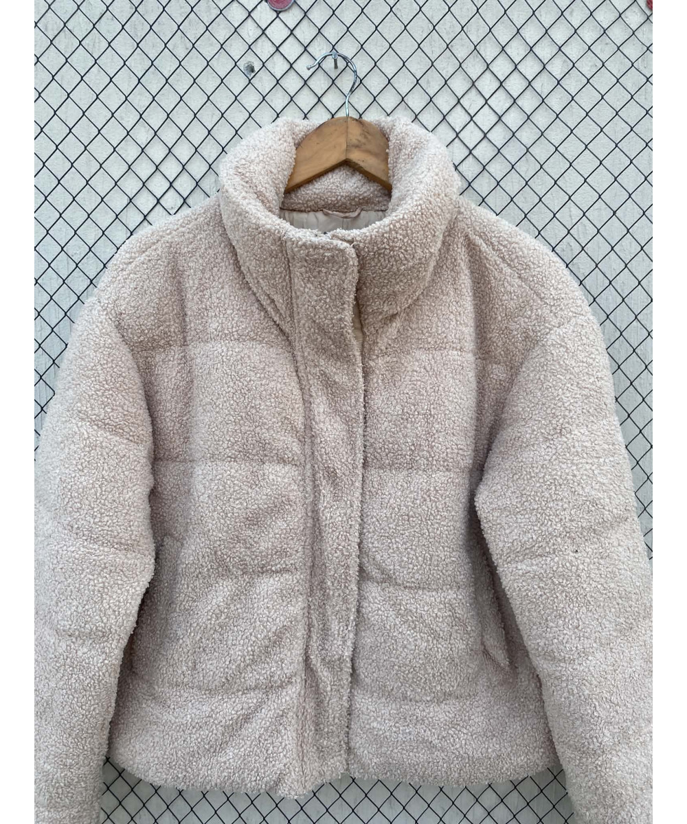 Beige, teddy, crop, puffer, zipper jacket